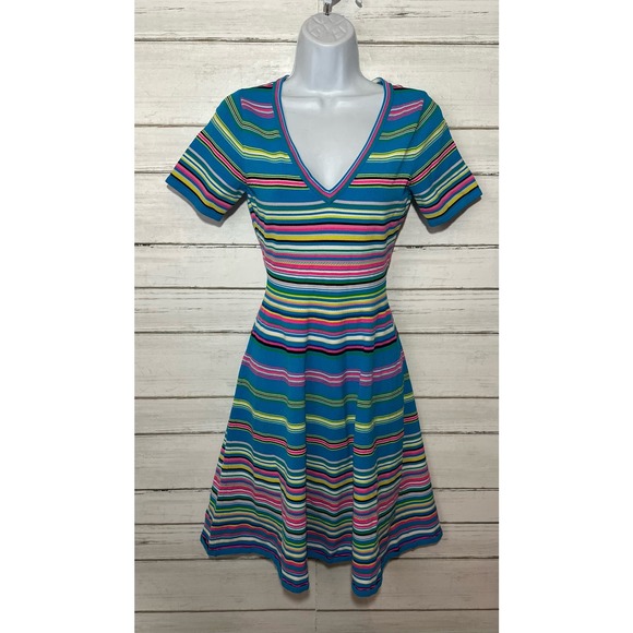 Milly New York Textured Tech Stripe Kit Dress V-Neck Fit & Flare Short Sleeve M - Picture 1 of 2